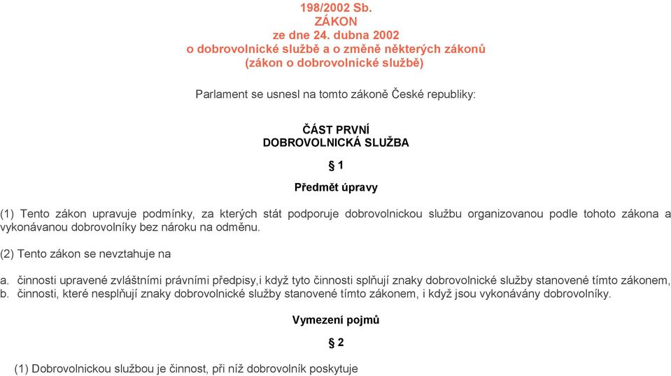 úpravy (1) Tento zákon upravuje podmínky, za kterých stát podporuje dobrovolnickou službu organizovanou podle tohoto zákona a vykonávanou dobrovolníky bez nároku na odměnu.