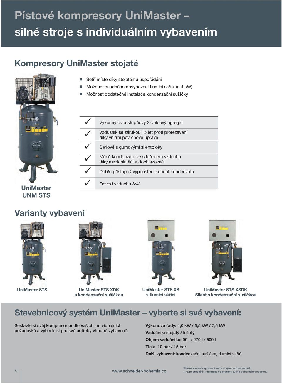 silentbloky Méně kondenzátu ve stlačeném vzduchu díky mezichladiči a dochlazovači Dobře přístupný vypouštěcí kohout kondenzátu Odvod vzduchu 3/4 Varianty vybavení UniMaster STS UniMaster STS XDK s