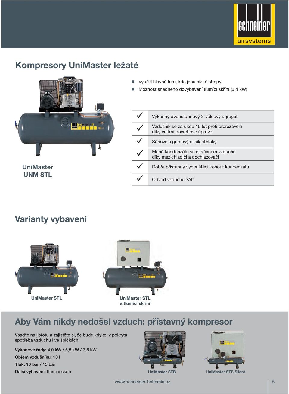 kondenzátu Odvod vzduchu 3/4 Varianty vybavení UniMaster STL UniMaster STL s tlumící skříní Aby Vám nikdy nedošel vzduch: přístavný kompresor Vsaďte na jistotu a zajistěte si, že bude kdykoliv