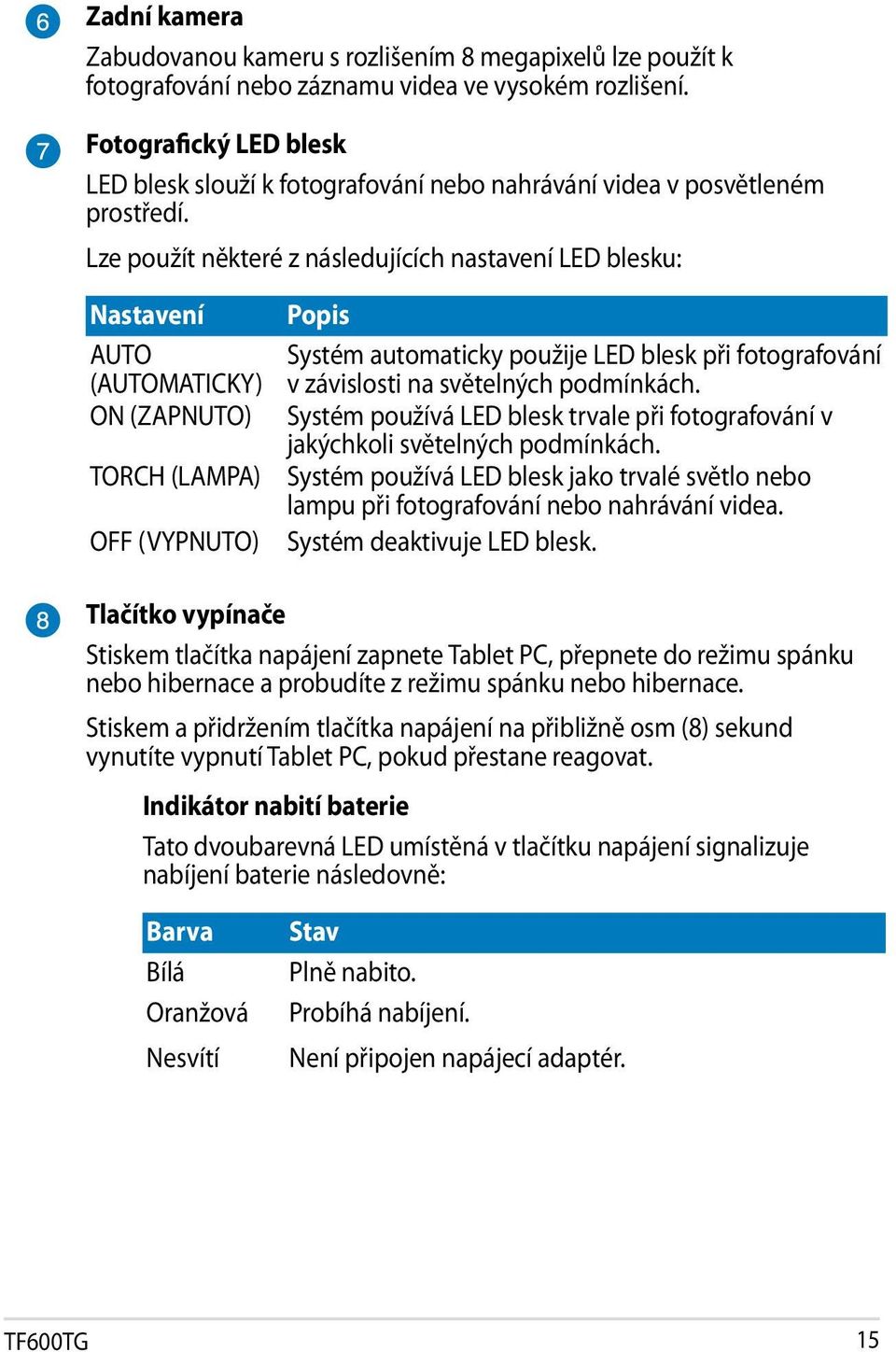 Lze použít některé z následujících nastavení LED blesku: Nastavení AUTO (AUTOMATICKY) ON (ZAPNUTO) TORCH (LAMPA) OFF (VYPNUTO) Popis Systém automaticky použije LED blesk při fotografování v