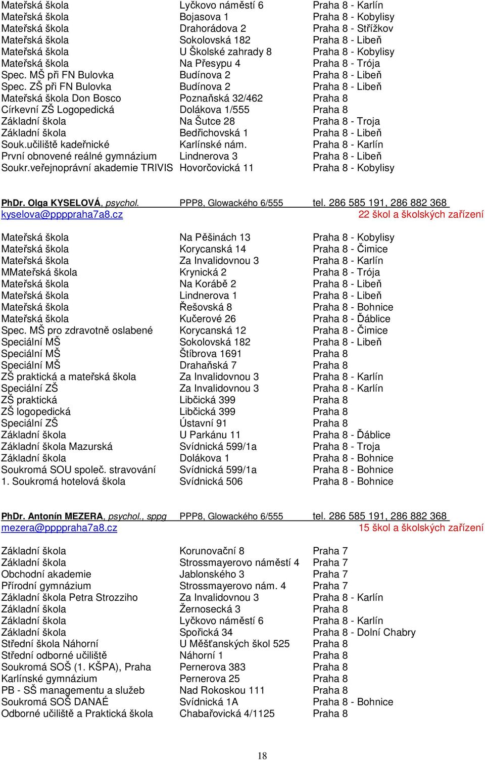 ZŠ při FN Bulovka Budínova 2 Praha 8 - Libeň Mateřská škola Don Bosco Poznaňská 32/462 Praha 8 Církevní ZŠ Logopedická Dolákova 1/555 Praha 8 Základní škola Na Šutce 28 Praha 8 - Troja Základní škola