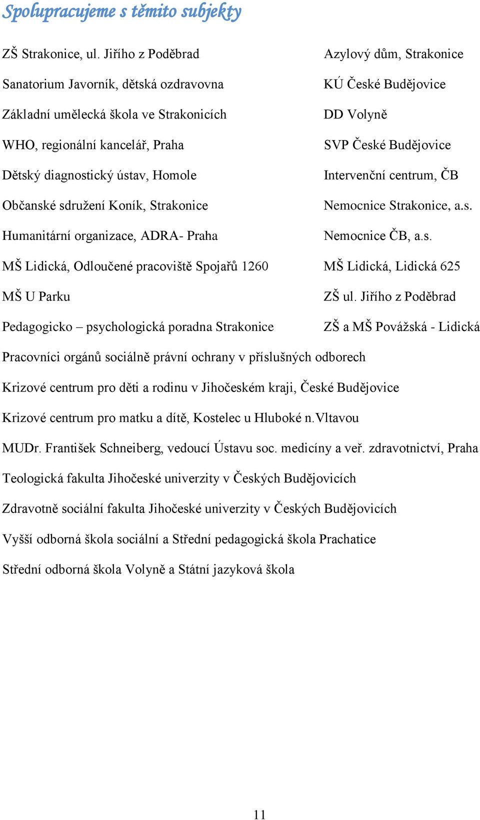 Humanitární organizace, ADRA- Praha Azylový dům, Strakonice KÚ České Budějovice DD Volyně SVP České Budějovice Intervenční centrum, ČB Nemocnice Strakonice, a.s. Nemocnice ČB, a.s. MŠ Lidická, Odloučené pracoviště Spojařů 1260 MŠ Lidická, Lidická 625 MŠ U Parku Pedagogicko psychologická poradna Strakonice ZŠ ul.