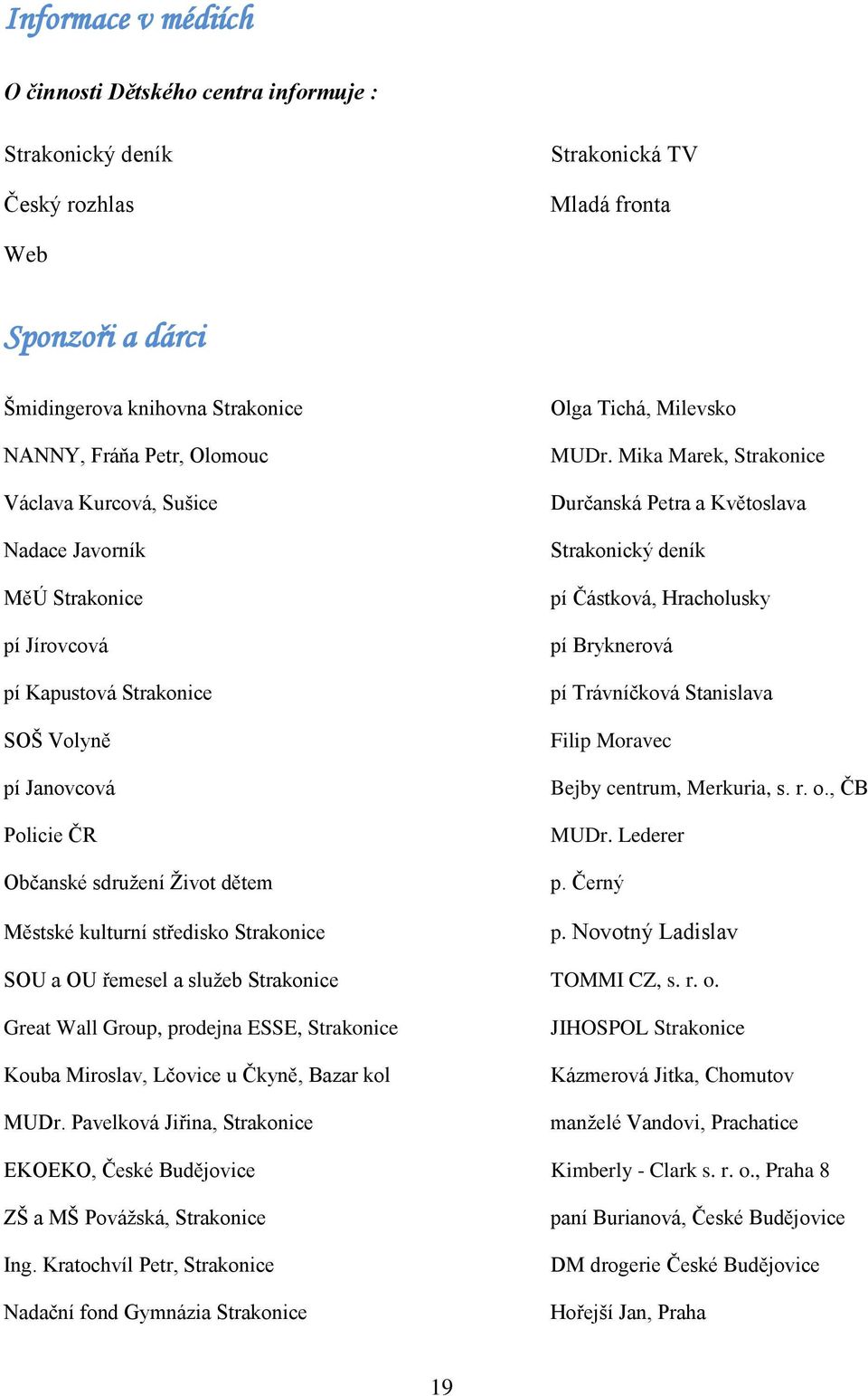 Tichá, Milevsko MUDr. Mika Marek, Strakonice Durčanská Petra a Květoslava Strakonický deník pí Částková, Hracholusky pí Bryknerová pí Trávníčková Stanislava Filip Moravec Bejby centrum, Merkuria, s.