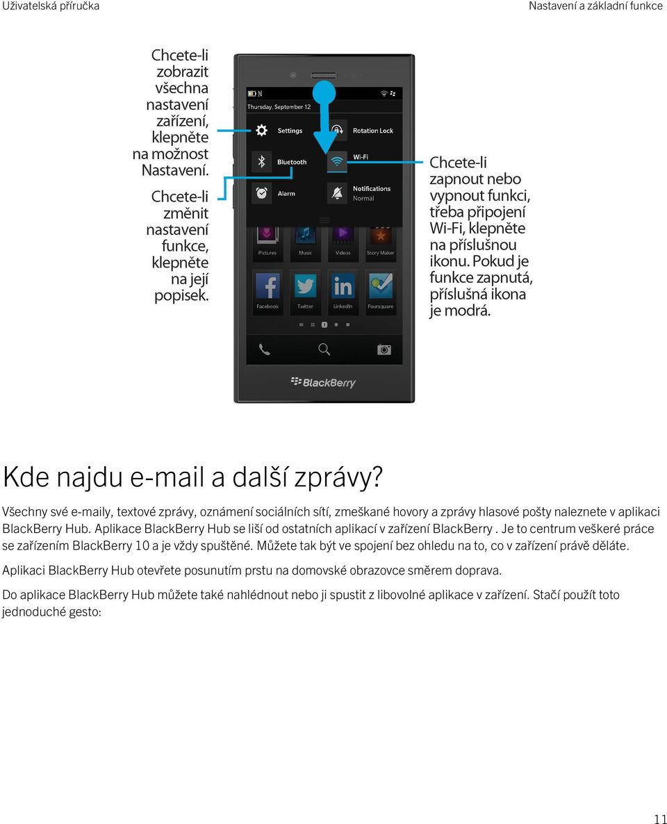 Aplikace BlackBerry Hub se liší od ostatních aplikací v zařízení BlackBerry. Je to centrum veškeré práce se zařízením BlackBerry 10 a je vždy spuštěné.