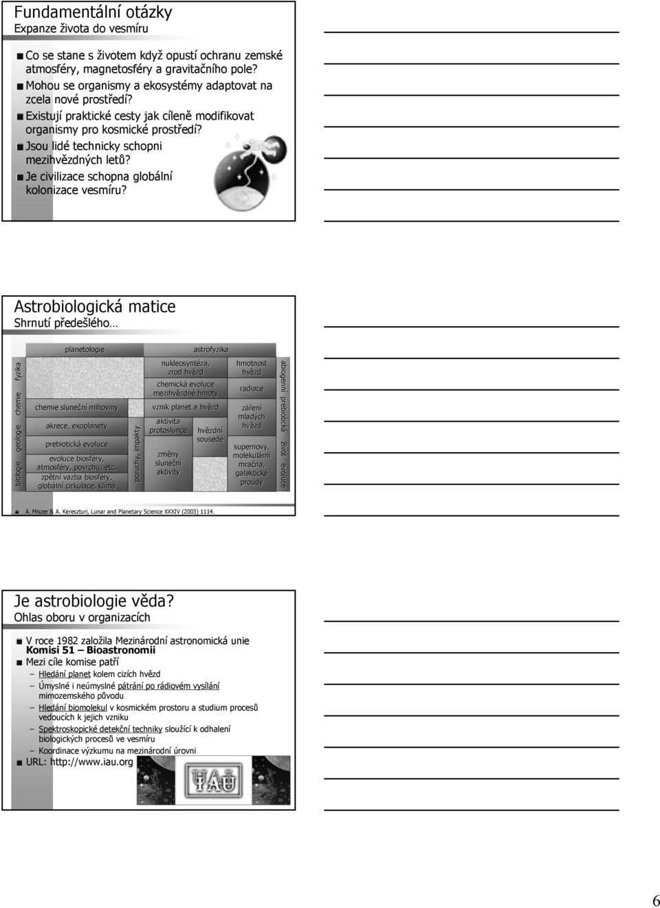 Astrobiologická matice Shrnutí předešlého planetologie astrofyzika biologie geologie chemie fyzika chemie sluneční mlhoviny akrece, exoplanety prebiotická evoluce evoluce biosféry, atmosféry,
