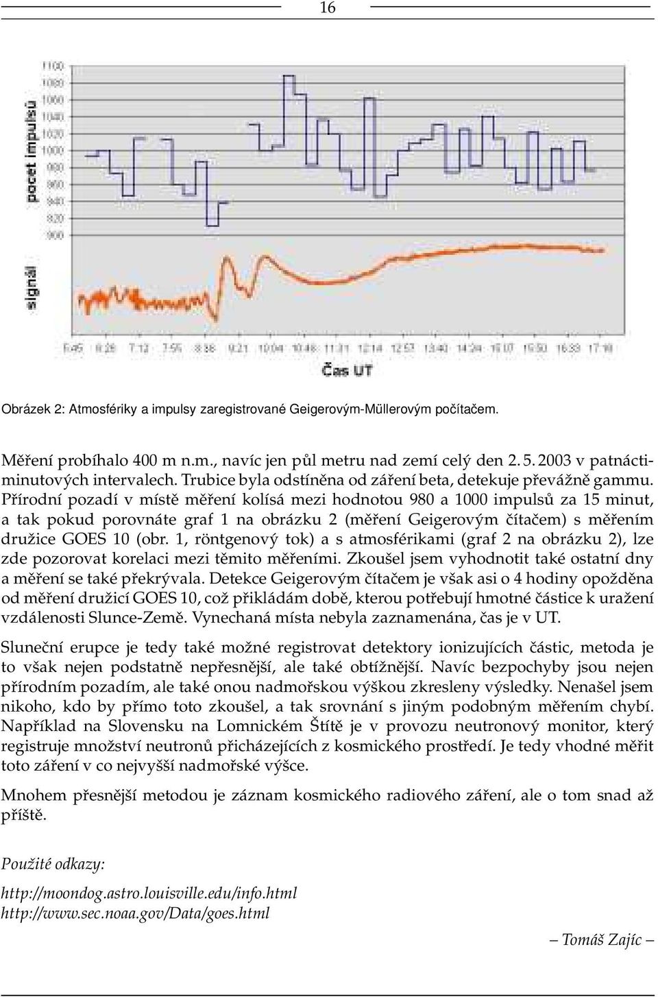 Přírodní pozadí v místě měření kolísá mezi hodnotou 980 a 1000 impulsů za 15 minut, a tak pokud porovnáte graf 1 na obrázku 2 (měření Geigerovým čítačem) s měřením družice GOES 10 (obr.