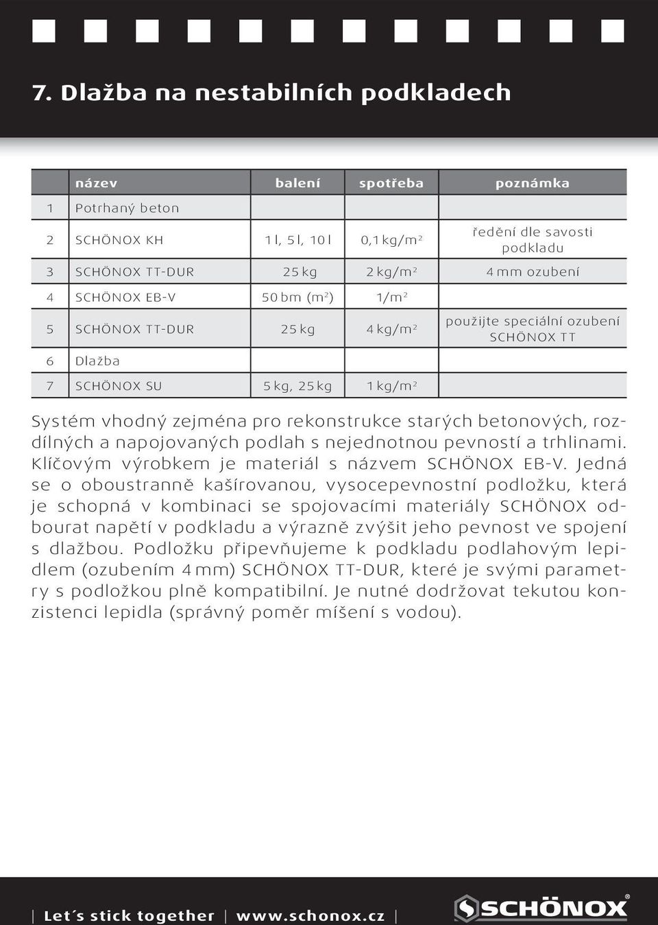 napojovaných podlah s nejednotnou pevností a trhlinami. Klíčovým výrobkem je materiál s názvem SCHÖNOX EB-V.