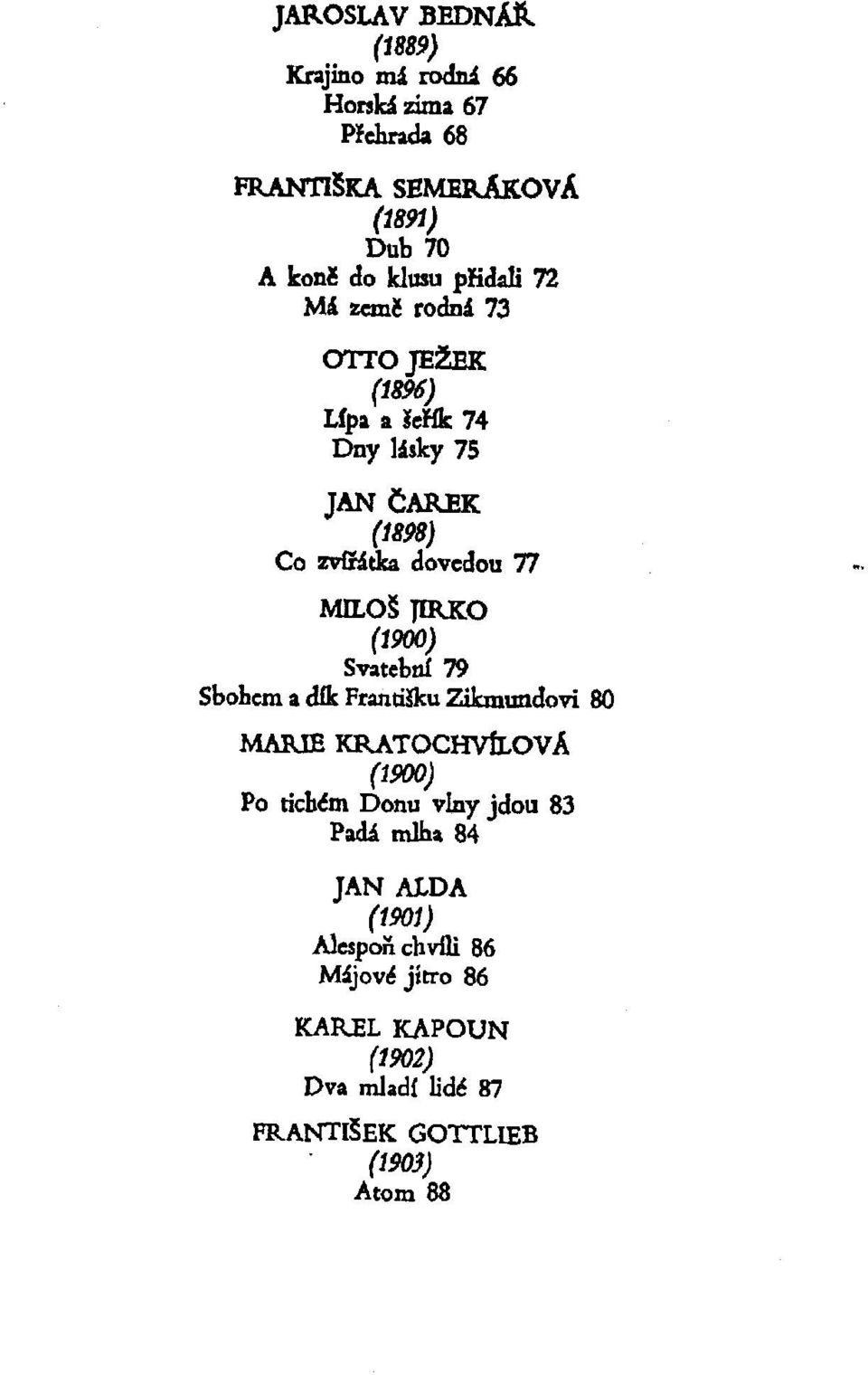 rodnl 73 OTTOJEáEK (1896) Lipa a íehk 74 Dny lásky 75 JAN CAREK (18^) Co zvcádta dovedou 77 MILOS JIRKO (1900) Svatební