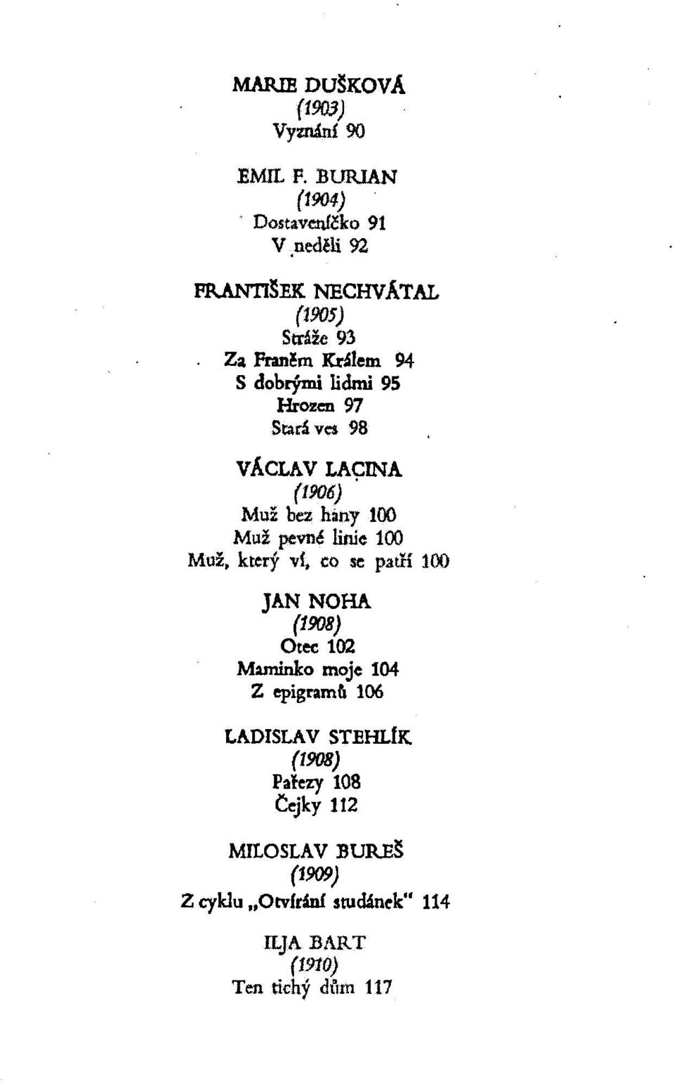 Hrozcn 97 Scarávei 98 VÁCLAV LACINA (1906) Muí bez hány 100 Muí pevné linie 100 Muí, ktery vi, co se patíí 100