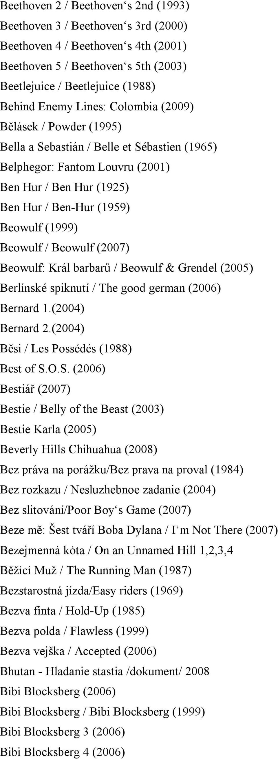 Beowulf (2007) Beowulf: Král barbarů / Beowulf & Grendel (2005) Berlínské spiknutí / The good german (2006) Bernard 1.(2004) Bernard 2.(2004) Běsi / Les Possédés (1988) Best of S.