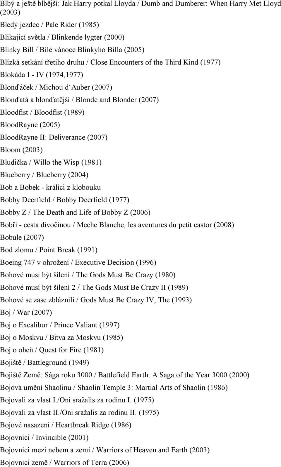 (2007) Bloodfist / Bloodfist (1989) BloodRayne (2005) BloodRayne II: Deliverance (2007) Bloom (2003) Bludička / Willo the Wisp (1981) Blueberry / Blueberry (2004) Bob a Bobek - králíci z klobouku