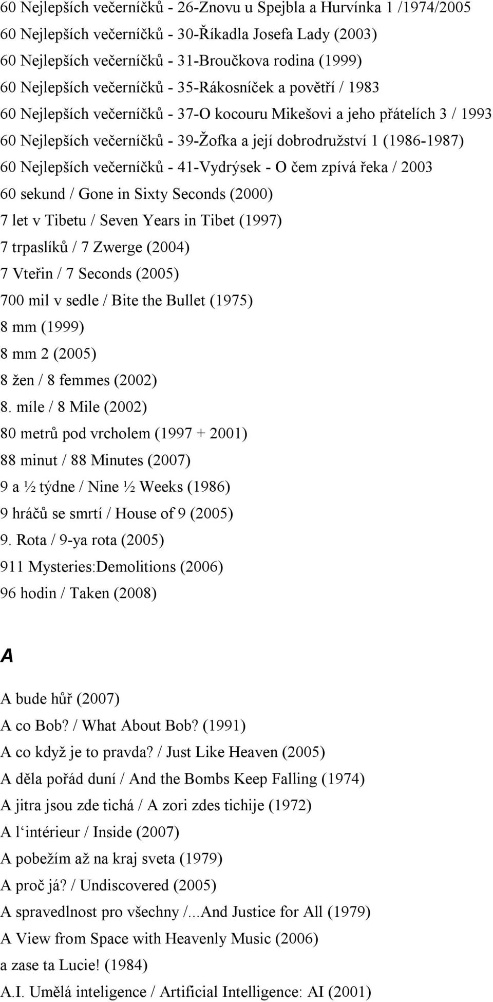 Nejlepších večerníčků - 41-Vydrýsek - O čem zpívá řeka / 2003 60 sekund / Gone in Sixty Seconds (2000) 7 let v Tibetu / Seven Years in Tibet (1997) 7 trpaslíků / 7 Zwerge (2004) 7 Vteřin / 7 Seconds