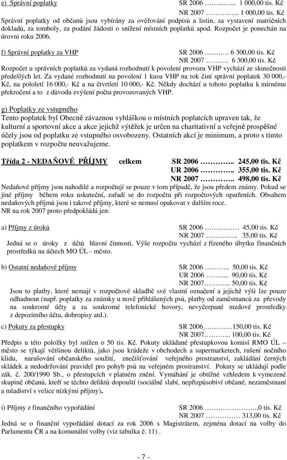 Rozpočet je ponechán na úrovni roku 2006. f) Správní poplatky za VHP SR 2006.. 6 300,00 tis.