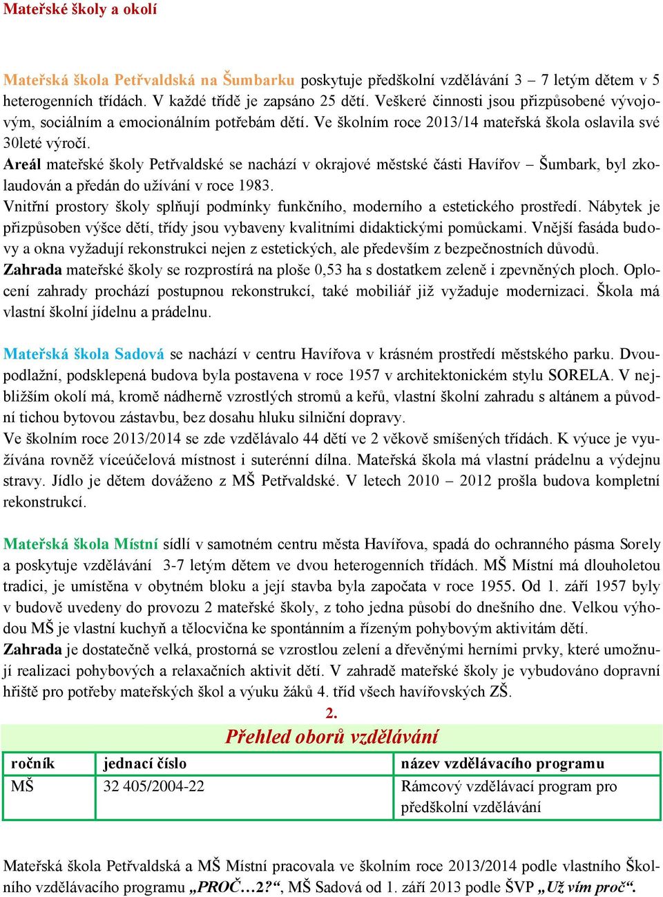 Areál mateřské školy Petřvaldské se nachází v okrajové městské části Havířov Šumbark, byl zkolaudován a předán do užívání v roce 1983.