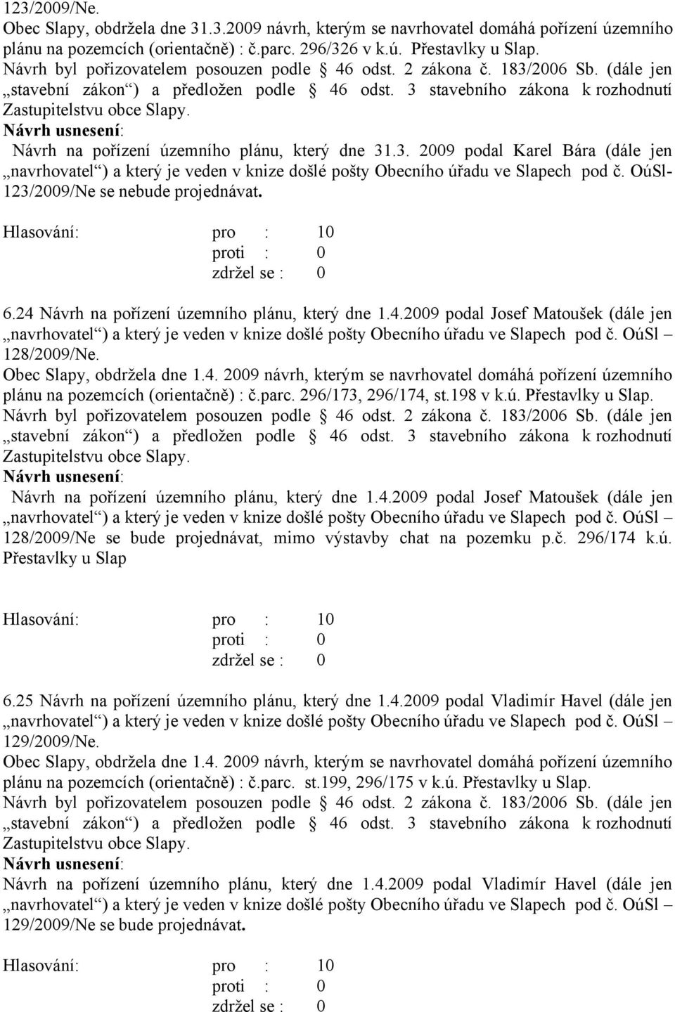 OúSl- 123/2009/Ne se nebude projednávat. 6.24 Návrh na pořízení územního plánu, který dne 1.4.2009 podal Josef Matoušek (dále jen 128/2009/Ne. Obec Slapy, obdržela dne 1.4. 2009 návrh, kterým se navrhovatel domáhá pořízení územního plánu na pozemcích (orientačně) : č.