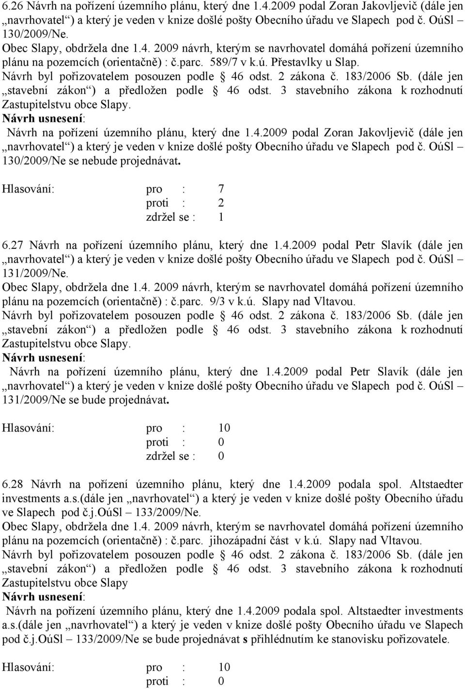 Hlasování: pro : 7 proti : 2 zdržel se : 1 6.27 Návrh na pořízení územního plánu, který dne 1.4.2009 podal Petr Slavík (dále jen 131/2009/Ne. Obec Slapy, obdržela dne 1.4. 2009 návrh, kterým se navrhovatel domáhá pořízení územního plánu na pozemcích (orientačně) : č.