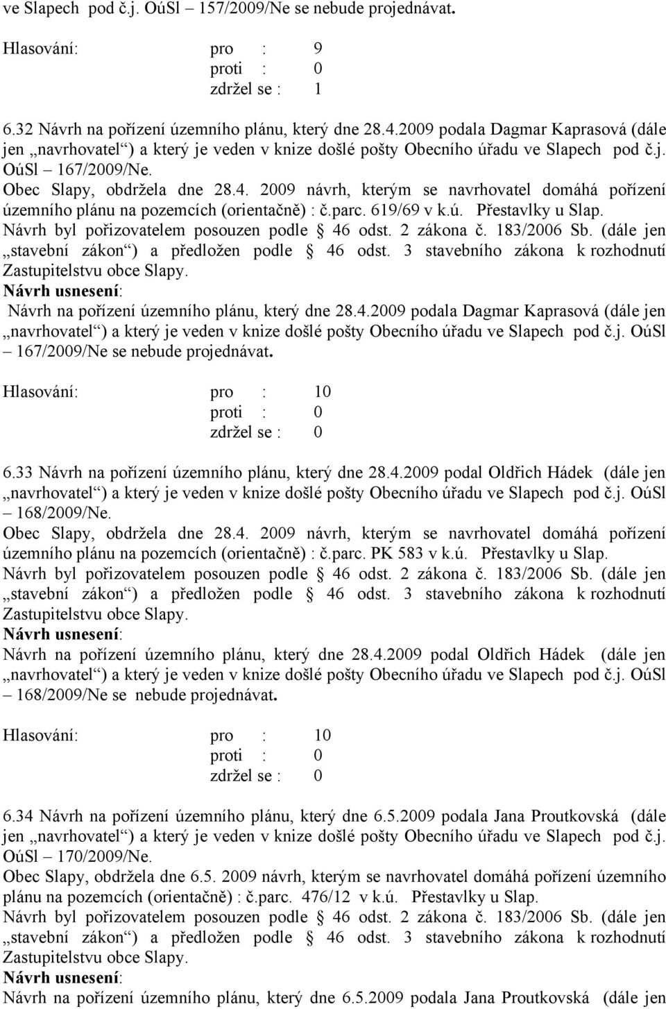 2009 návrh, kterým se navrhovatel domáhá pořízení územního plánu na pozemcích (orientačně) : č.parc. 619/69 v k.ú. Přestavlky u Slap. Návrh na pořízení územního plánu, který dne 28.4.