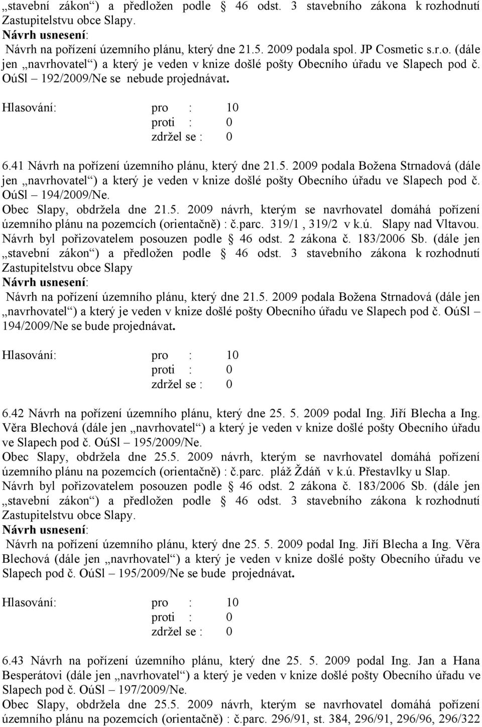 2009 podala Božena Strnadová (dále jen navrhovatel ) a který je veden v knize došlé pošty Obecního úřadu ve Slapech pod č. OúSl 194/2009/Ne. Obec Slapy, obdržela dne 21.5.