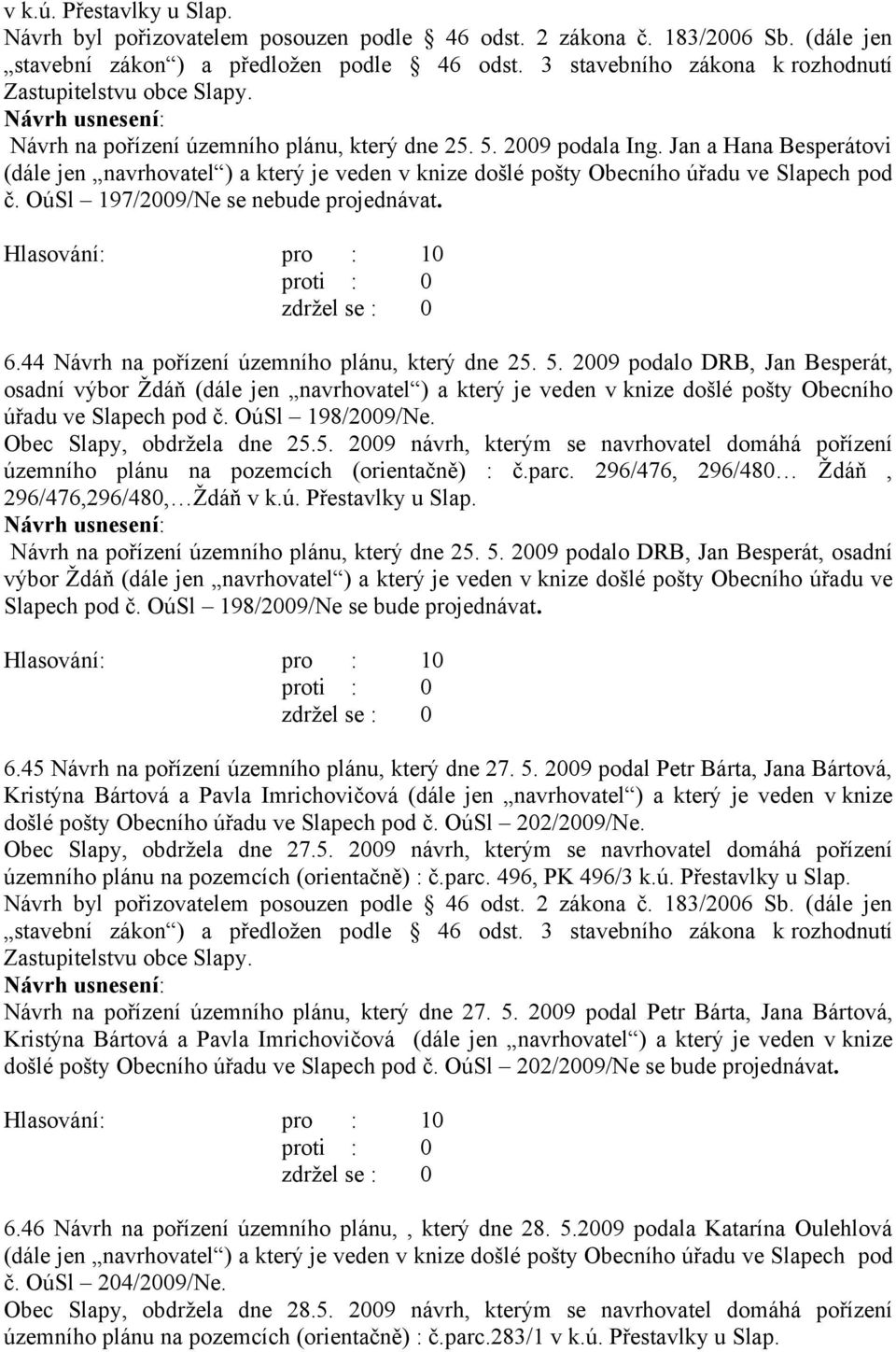 44 Návrh na pořízení územního plánu, který dne 25. 5. 2009 podalo DRB, Jan Besperát, osadní výbor Ždáň (dále jen navrhovatel ) a který je veden v knize došlé pošty Obecního úřadu ve Slapech pod č.