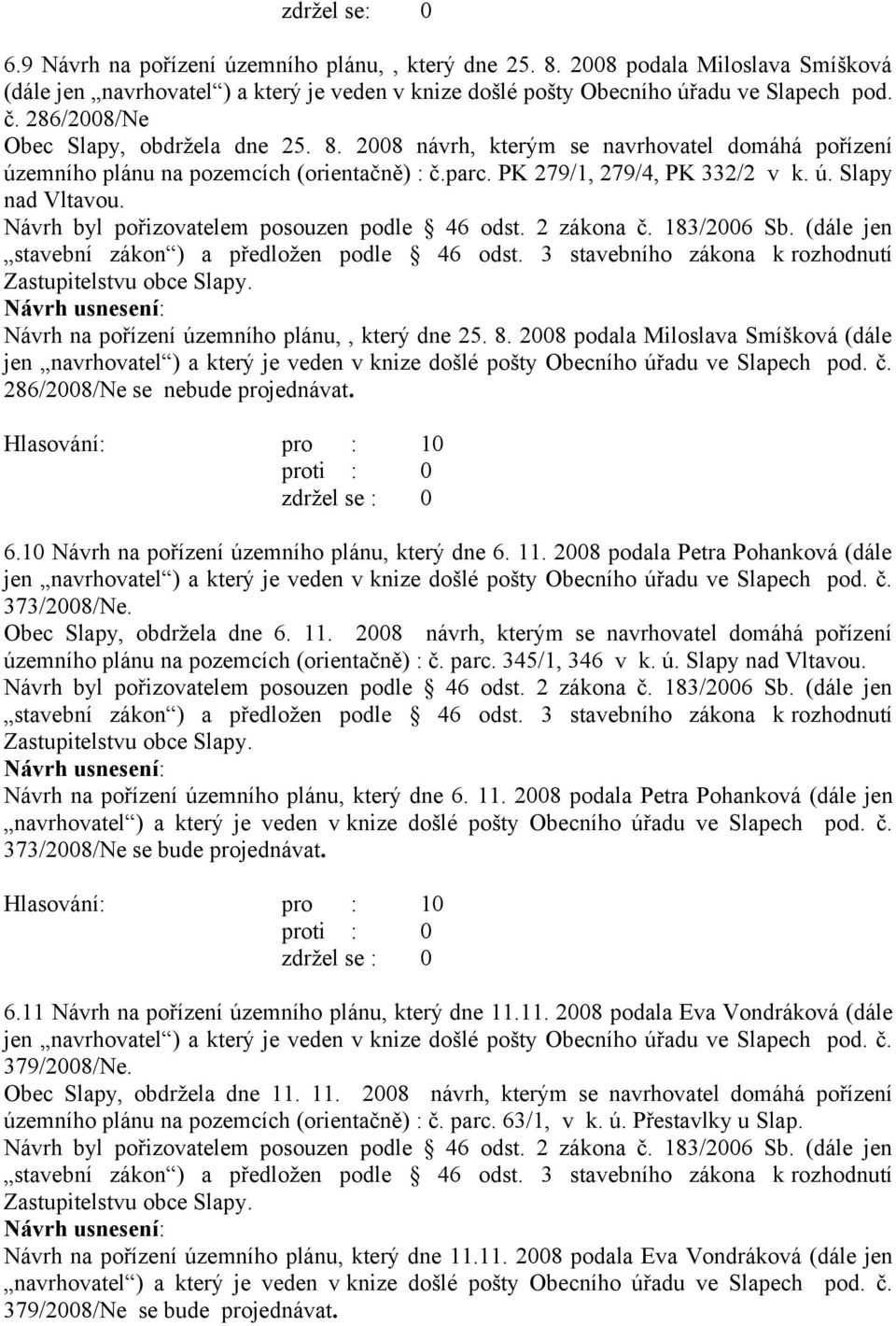 Návrh na pořízení územního plánu,, který dne 25. 8. 2008 podala Miloslava Smíšková (dále jen navrhovatel ) a který je veden v knize došlé pošty Obecního úřadu ve Slapech pod. č.