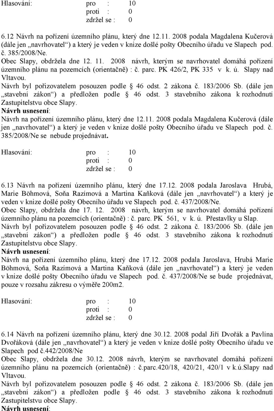 Návrh na pořízení územního plánu, který dne 12.11. 2008 podala Magdalena Kučerová (dále jen navrhovatel ) a který je veden v knize došlé pošty Obecního úřadu ve Slapech pod. č.