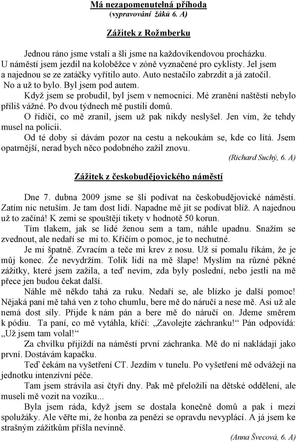 Kdyţ jsem se probudil, byl jsem v nemocnici. Mé zranění naštěstí nebylo příliš váţné. Po dvou týdnech mě pustili domů. O řidiči, co mě zranil, jsem uţ pak nikdy neslyšel.