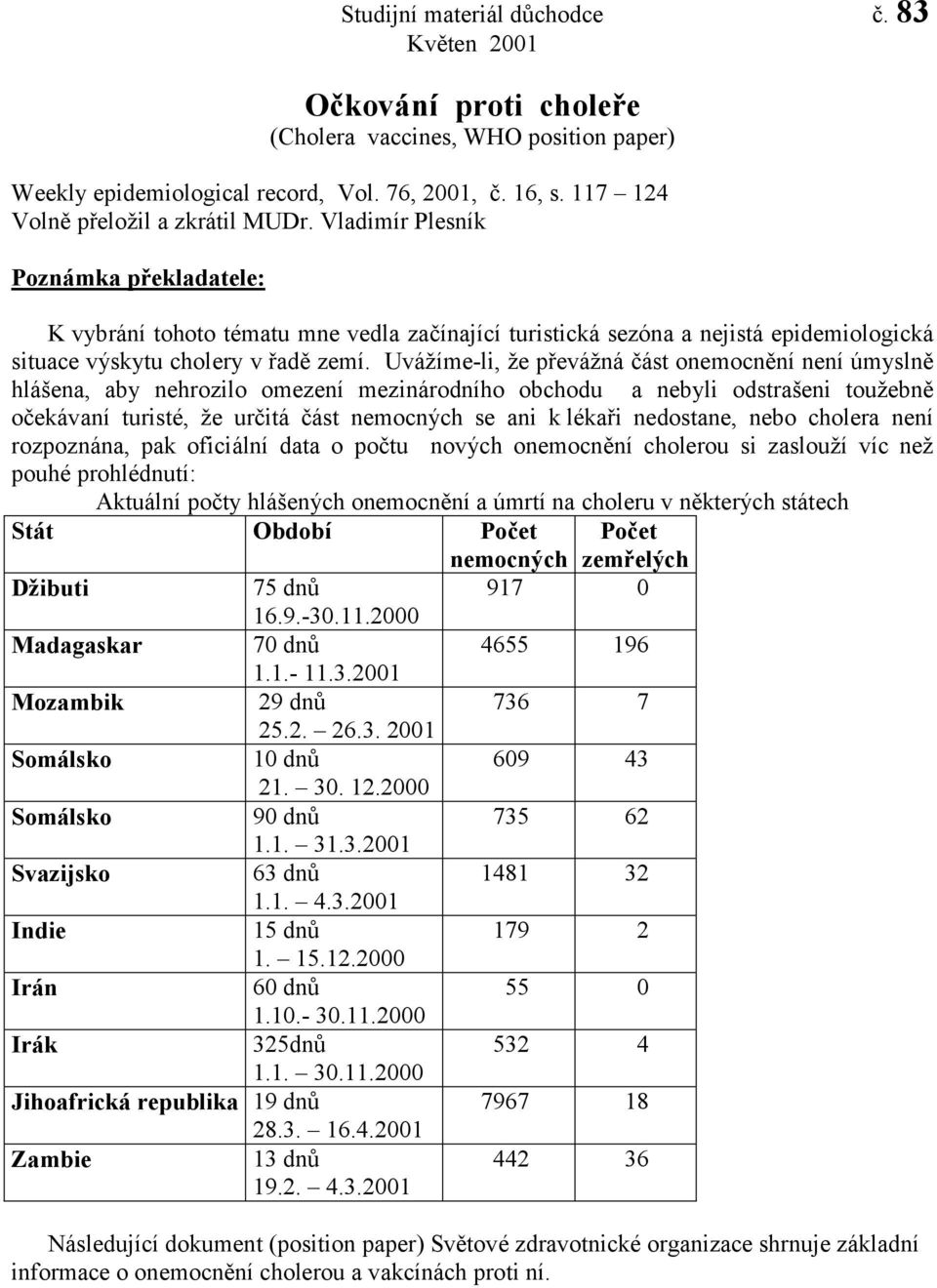 Vladimír Plesník Poznámka překladatele: K vybrání tohoto tématu mne vedla začínající turistická sezóna a nejistá epidemiologická situace výskytu cholery v řadě zemí.