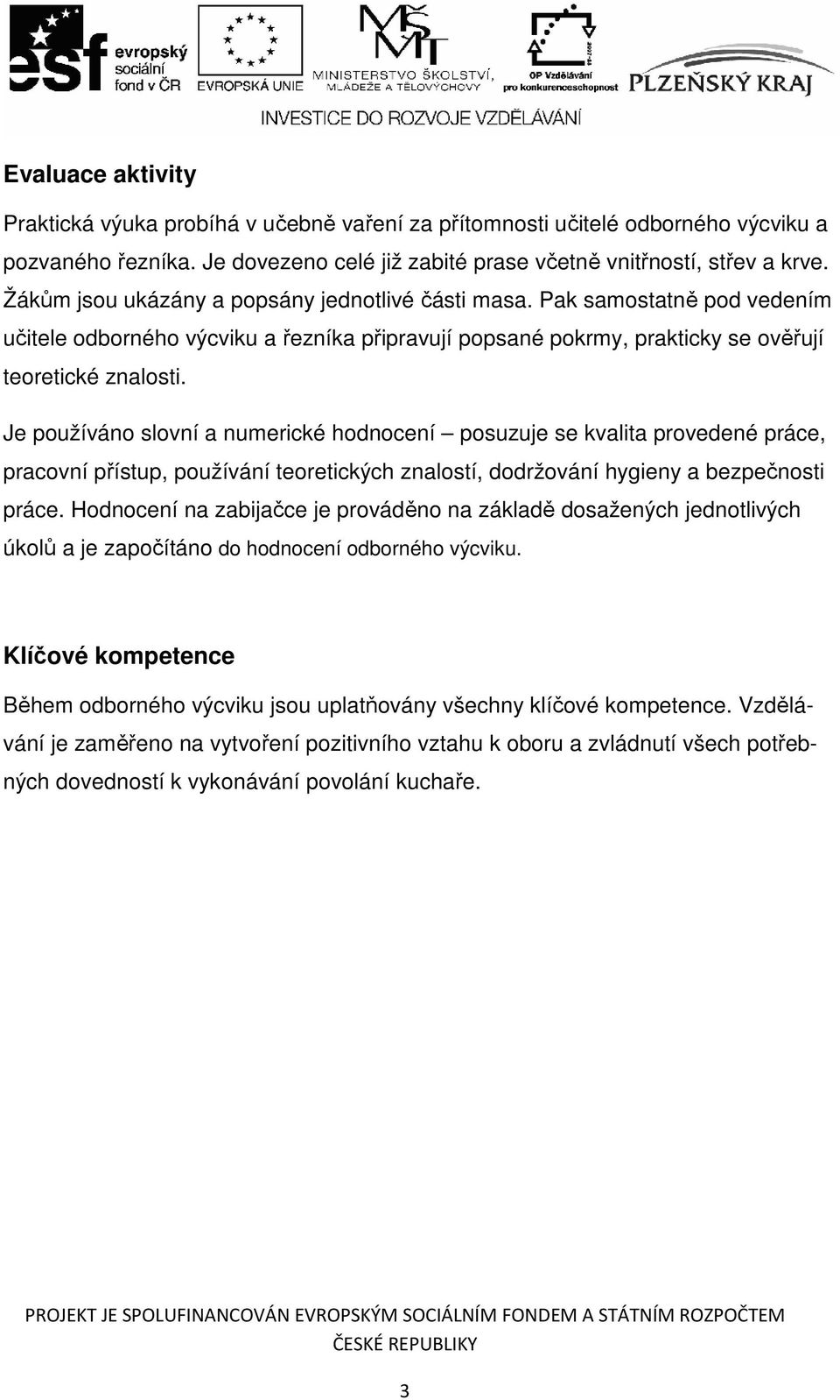 Je používáno slovní a numerické hodnocení posuzuje se kvalita provedené práce, pracovní přístup, používání teoretických znalostí, dodržování hygieny a bezpečnosti práce.