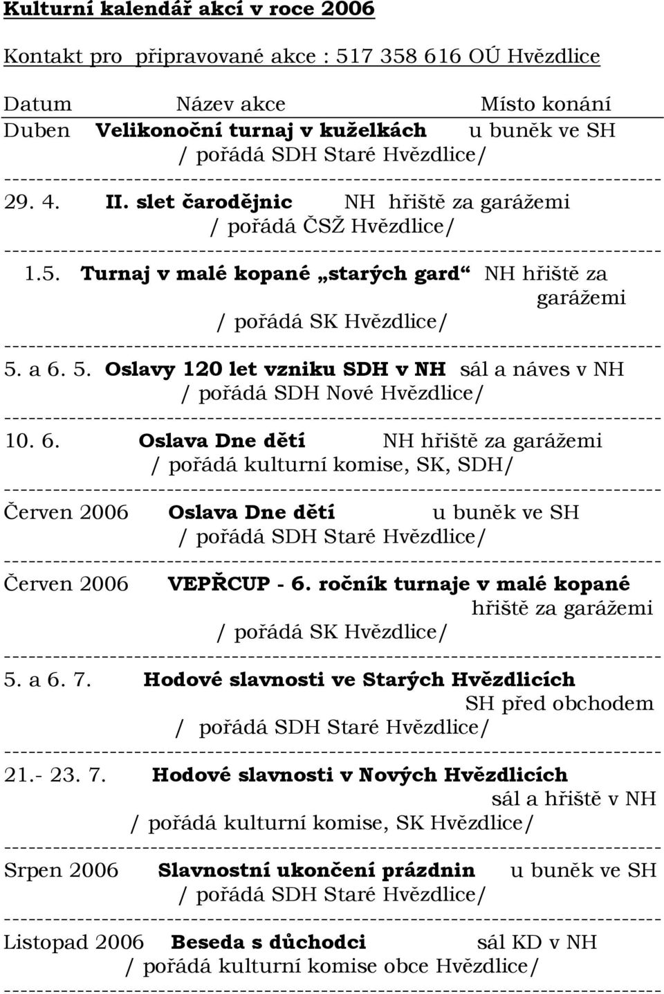 a 6. 5. Oslavy 120 let vzniku SDH v NH sál a náves v NH / pořádá SDH Nové Hvězdlice/ 10. 6. Oslava Dne dětí NH hřiště za garážemi / pořádá kulturní komise, SK, SDH/ Červen 2006 Oslava Dne dětí u buněk ve SH / pořádá SDH Staré Hvězdlice/ Červen 2006 VEPŘCUP - 6.