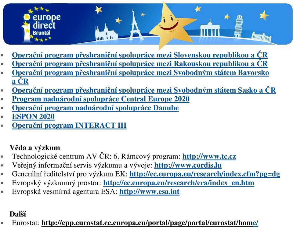 Danube ESPON 2020 Operační program INTERACT III Věda a výzkum Technologické centrum AV ČR: 6. Rámcový program: http://www.tc.cz Veřejný informační servis výzkumu a vývoje: http://www.cordis.
