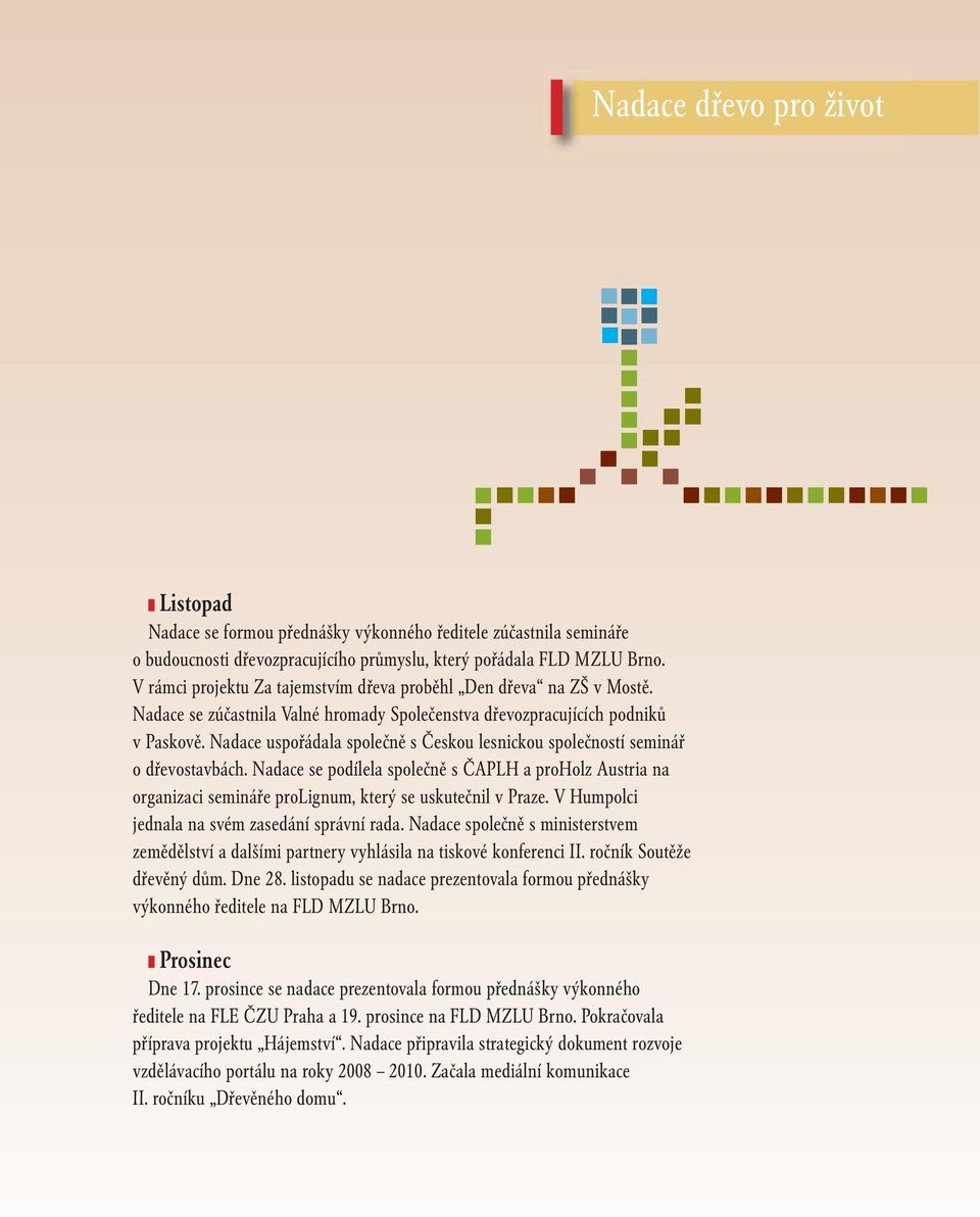 Nadace uspořádala společně s Českou lesnickou společností seminář o dřevostavbách. Nadace se podílela společně s ČAPLH a proholz Austria na organizaci semináře prolignum, který se uskutečnil v Praze.