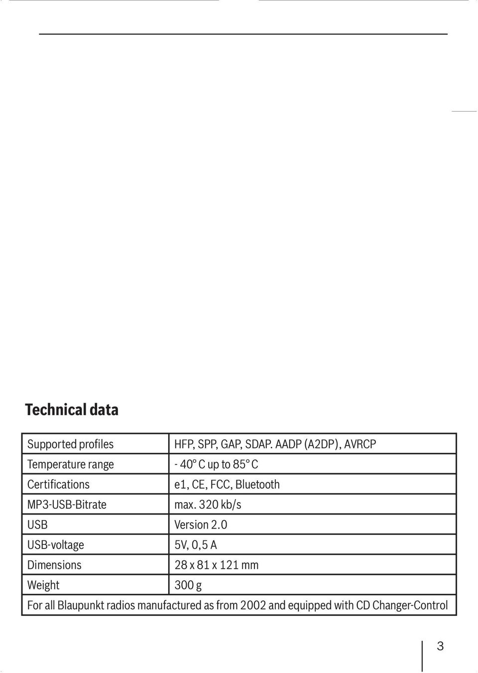 MP3-USB-Bitrate max. 320 kb/s USB Version 2.