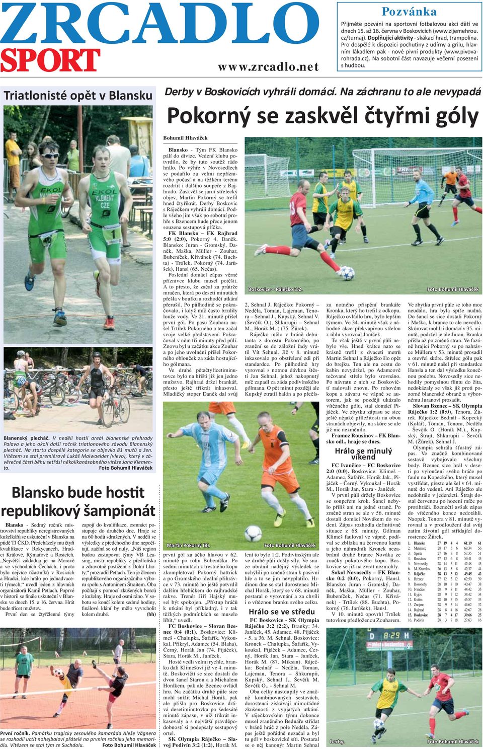 Triatlonisté opět v Blansku Derby v Boskovicích vyhráli domácí. Na záchranu to ale nevypadá Pokorný se zaskvěl čtyřmi góly Bohumil Hlaváček Blanenský plecháč.