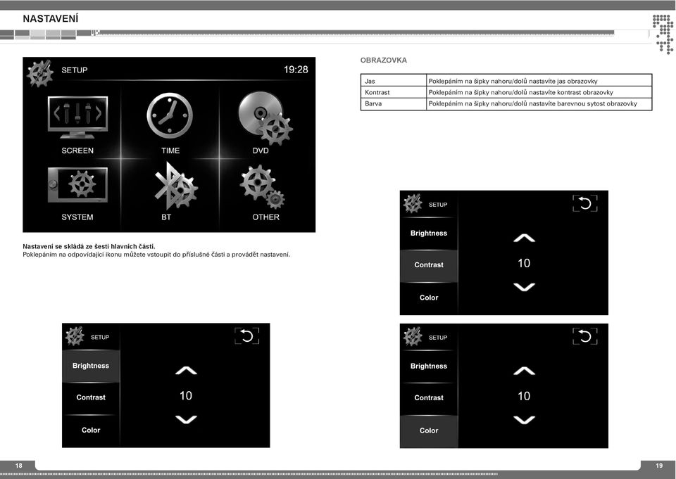 ahoru/dolů astavíte barevou sytost obrazovky Nastaveí se skládá ze šesti hlavích