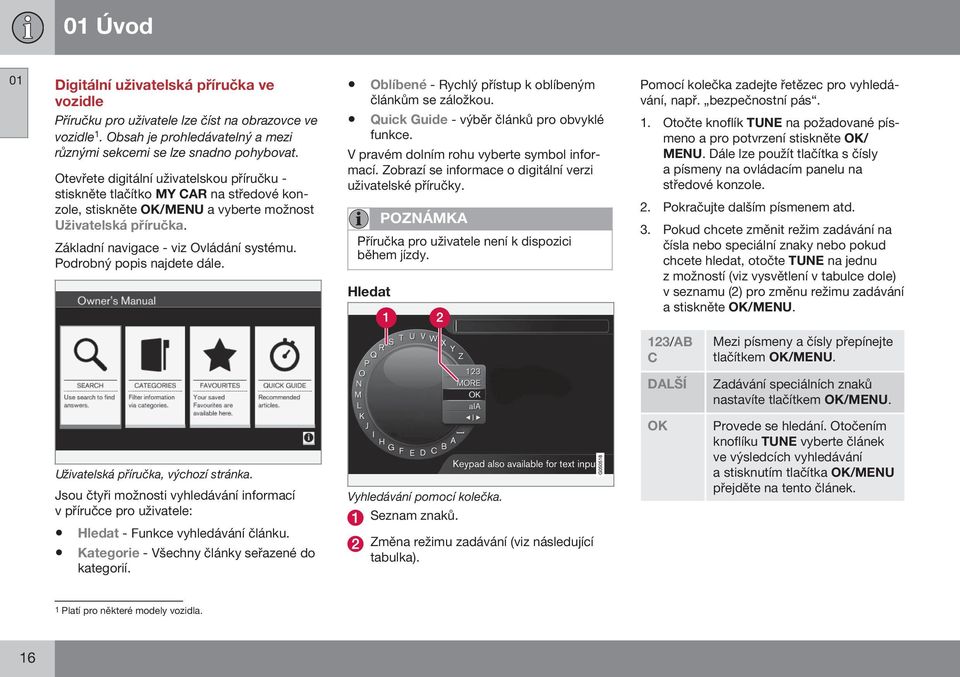 Podrobný popis najdete dále. Oblíbené - Rychlý přístup k oblíbeným článkům se záložkou. Quick Guide - výběr článků pro obvyklé funkce. V pravém dolním rohu vyberte symbol informací.