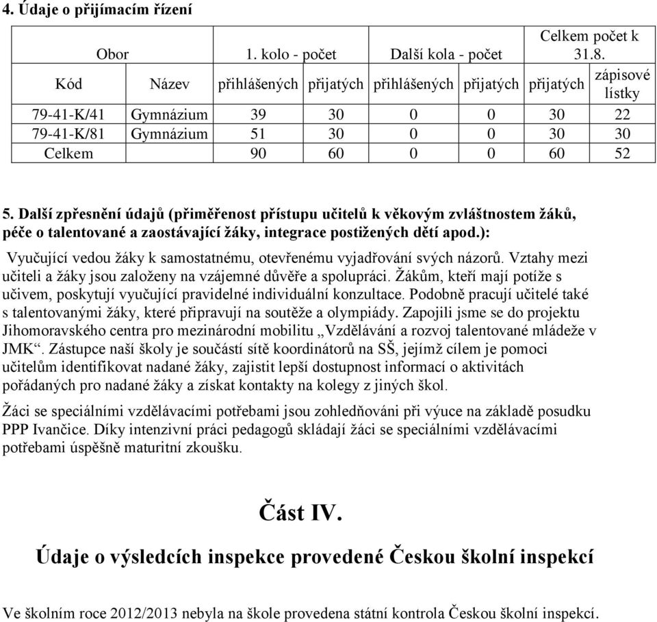 Další zpřesnění údajů (přiměřenost přístupu učitelů k věkovým zvláštnostem žáků, péče o talentované a zaostávající žáky, integrace postižených dětí apod.