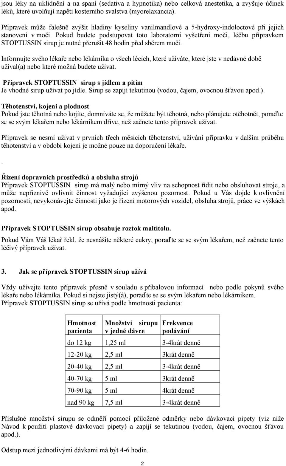 Pokud budete podstupovat toto laboratorní vyšetření moči, léčbu přípravkem STOPTUSSIN sirup je nutné přerušit 48 hodin před sběrem moči.