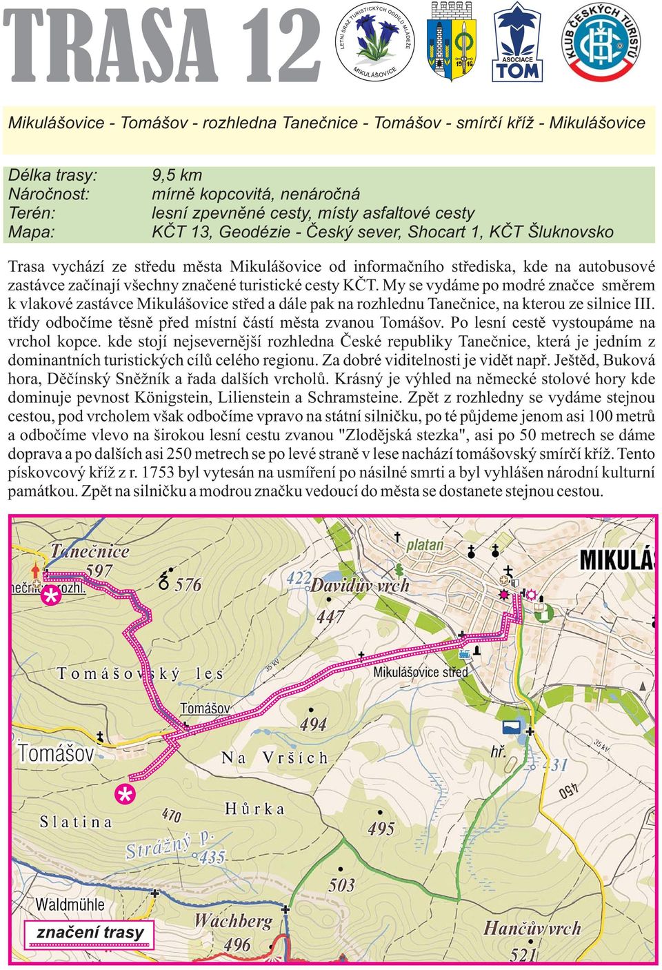 My se vydáme po modré značce směrem k vlakové zastávce Mikulášovice střed a dále pak na rozhlednu Tanečnice, na kterou ze silnice III. třídy odbočíme těsně před místní částí města zvanou Tomášov.