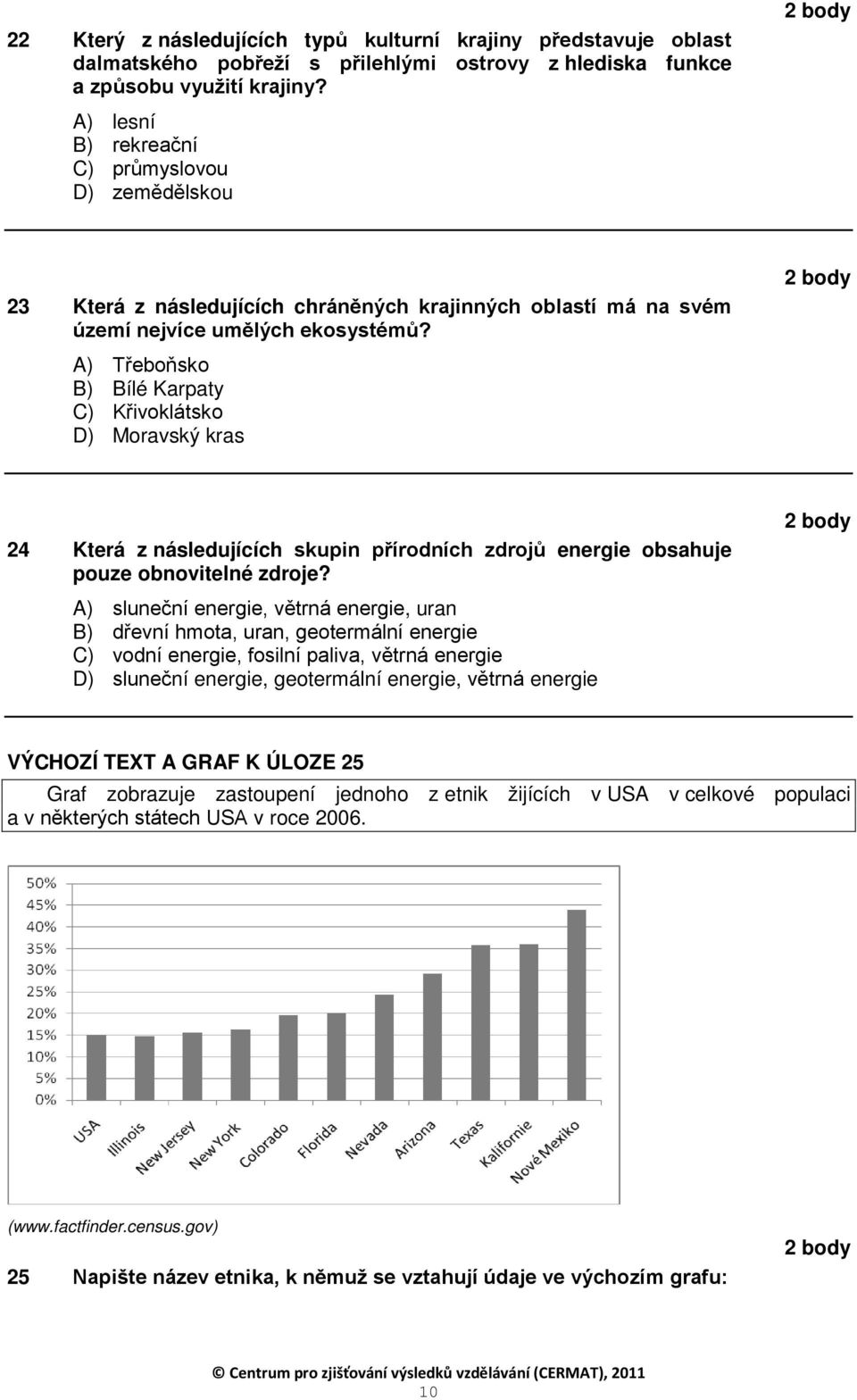 A) Třeboňsko B) Bílé Karpaty C) Křivoklátsko D) Moravský kras 24 Která z následujících skupin přírodních zdrojů energie obsahuje pouze obnovitelné zdroje?