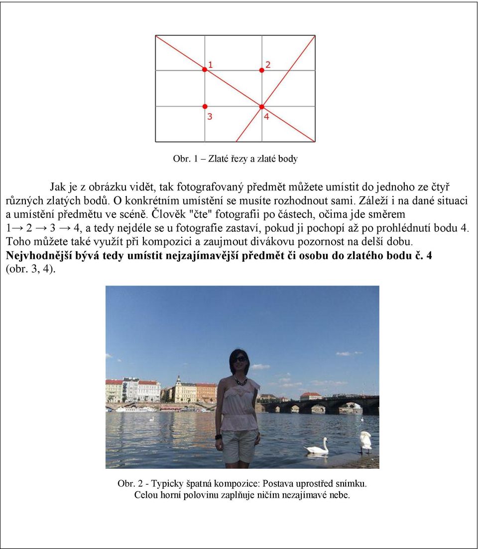 Člověk "čte" fotografii po částech, očima jde směrem 1 2 3 4, a tedy nejdéle se u fotografie zastaví, pokud ji pochopí až po prohlédnutí bodu 4.