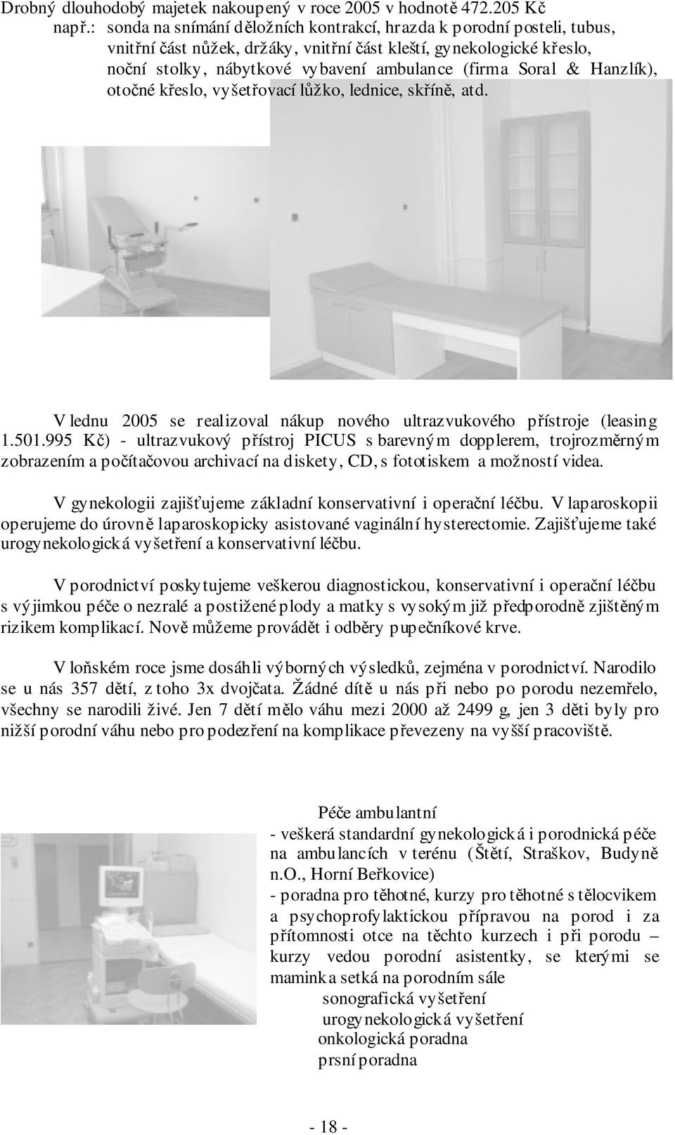 & Hanzlík), otočné křeslo, vyšetřovací lůžko, lednice, skříně, atd. V lednu 2005 se realizoval nákup nového ultrazvukového přístroje (leasing 1.501.