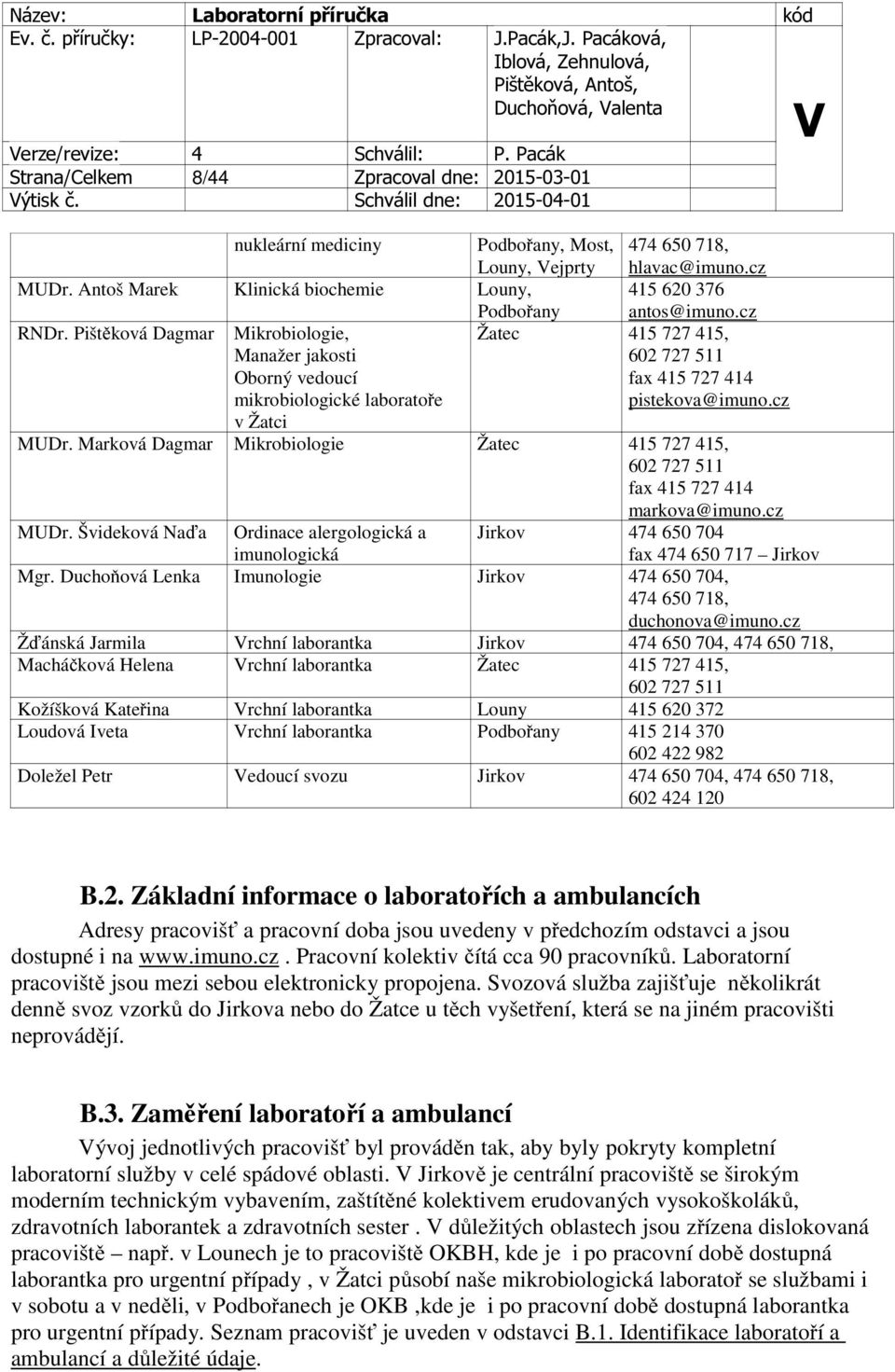 cz Žatec 415 727 415, 602 727 511 fax 415 727 414 pistekova@imuno.cz MUDr. Marková Dagmar Mikrobiologie Žatec 415 727 415, 602 727 511 fax 415 727 414 markova@imuno.cz MUDr. Švideková Naďa Ordinace alergologická a imunologická Jirkov 474 650 704 fax 474 650 717 Jirkov Mgr.