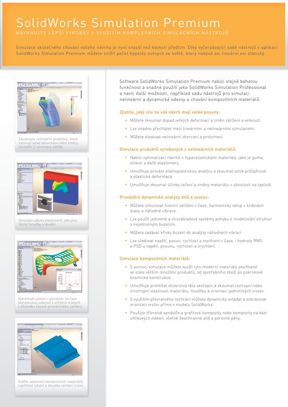 Software SolidWorks Simulation Premium nabízí stejně bohatou funkčnost a snadné použití jako SolidWorks Simulation Professional a navíc další možnosti, například sadu nástrojů pro simulaci nelineární