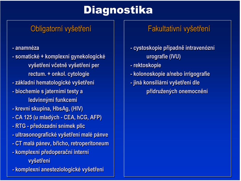 -RTG -předozadní snímek plic - ultrasonografické vyšetření malé pánve - CT malá pánev, břicho, retroperitoneum - komplexní předoperační interní vyšetření - komplexní