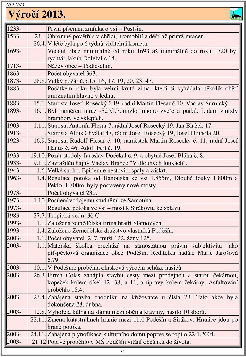 1883- Počátkem roku byla velmi krutá zima, která si vyžádala několik obětí umrznutím hlavně v lednu. 1883-15.1. Starosta Josef Rosecký č.19, rádní Martin Flesar č.10, Václav Šurnický. 1893-16.1. Byl naměřen mráz -32 C.