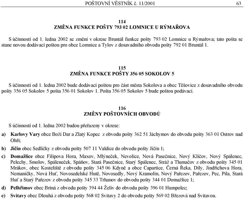 115 ZMĚNA FUNKCE POŠTY 356 05 SOKOLOV 5 S účinností od 1. ledna 2002 bude dodávací poštou pro část města Sokolova a obec Těšovice z dosavadního obvodu pošty 356 05 Sokolov 5 pošta 356 01 Sokolov 1.