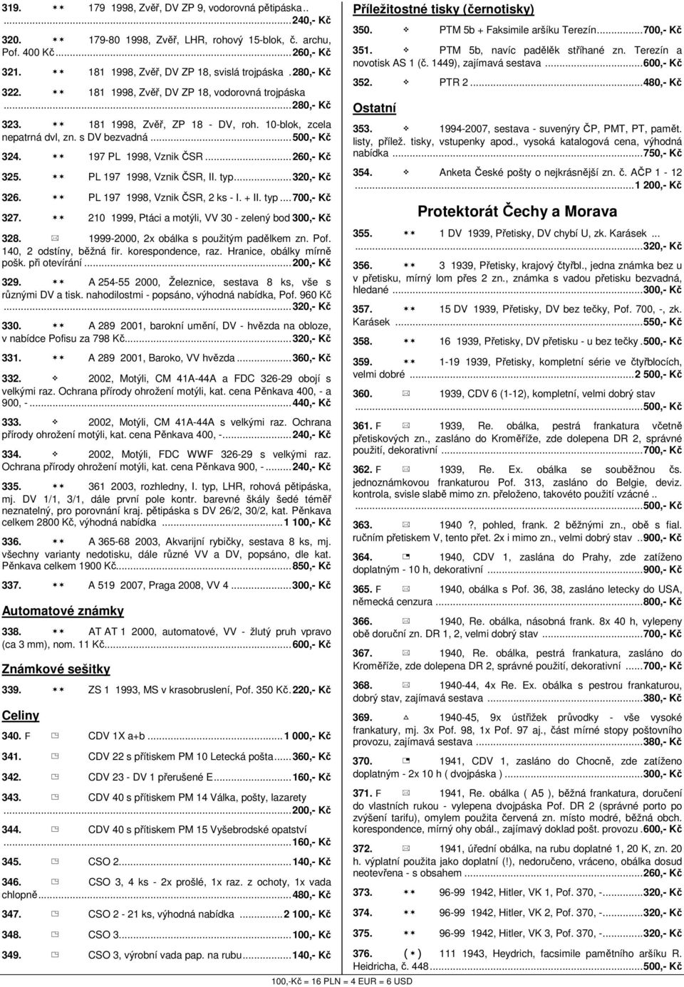 ..260,- Kč 325. PL 197 1998, Vznik ČSR, II. typ...320,- Kč 326. PL 197 1998, Vznik ČSR, 2 ks - I. + II. typ...700,- Kč 327. 210 1999, Ptáci a motýli, VV 30 - zelený bod 300,- Kč 328.