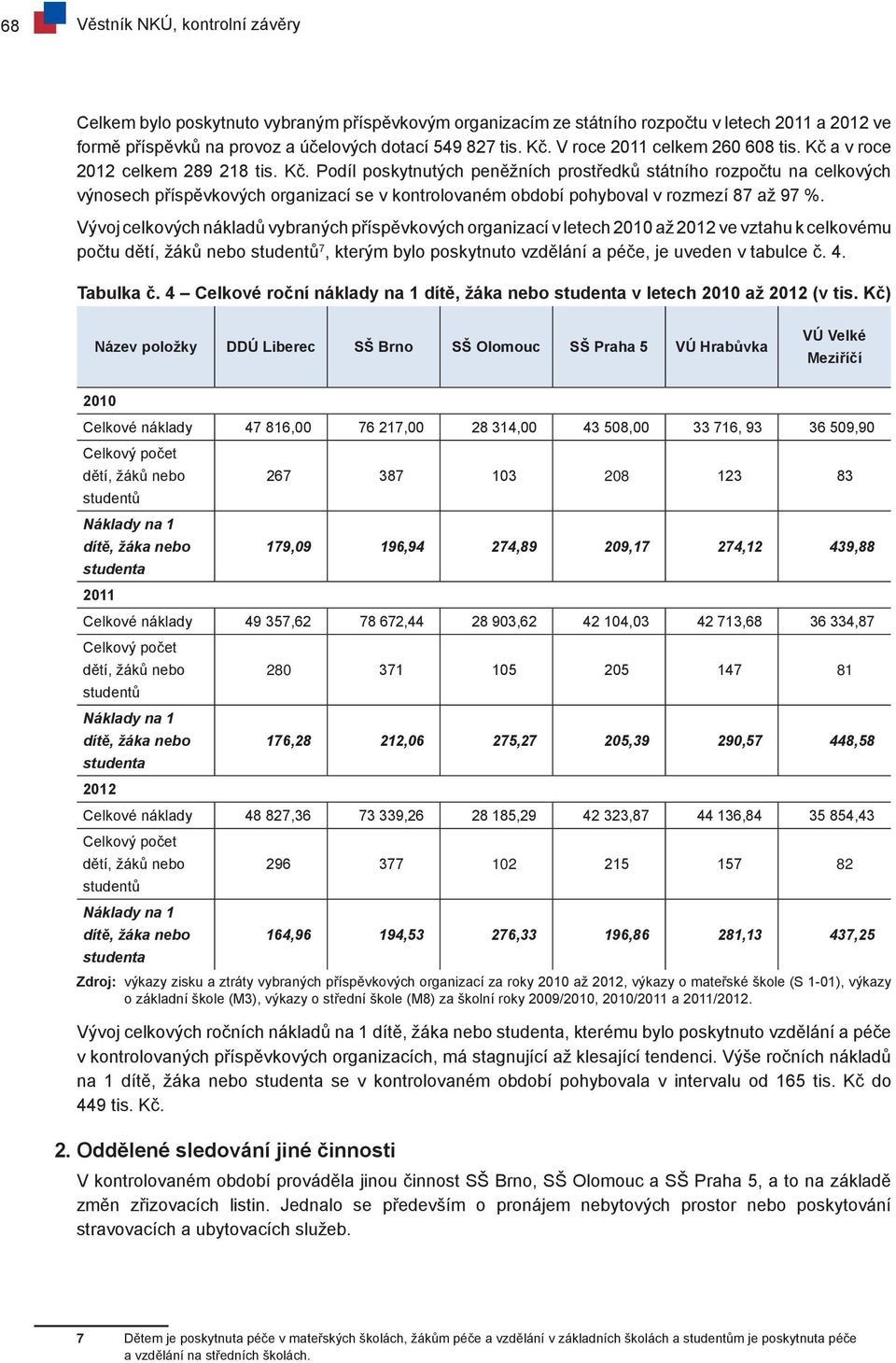 Vývoj celkových nákladů vybraných příspěvkových organizací v letech 2010 až 2012 ve vztahu k celkovému počtu dětí, žáků nebo studentů 7, kterým bylo poskytnuto vzdělání a péče, je uveden v tabulce č.