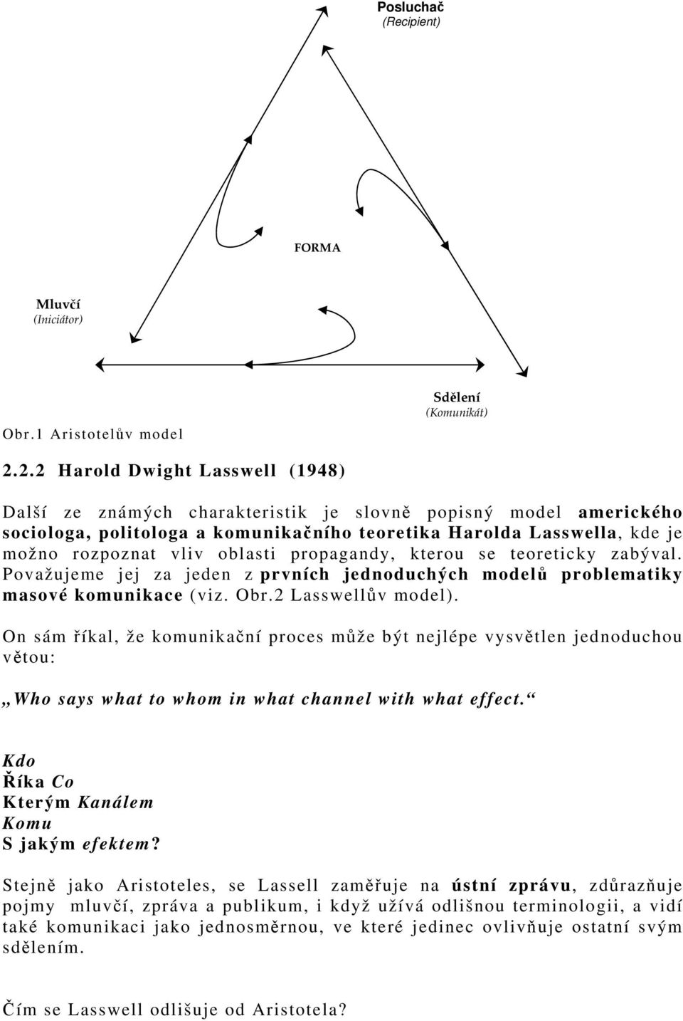 oblasti propagandy, kterou se teoreticky zabýval. Považujeme jej za jeden z prvních jednoduchých modelů problematiky masové komunikace (viz. Obr.2 Lasswellův model).