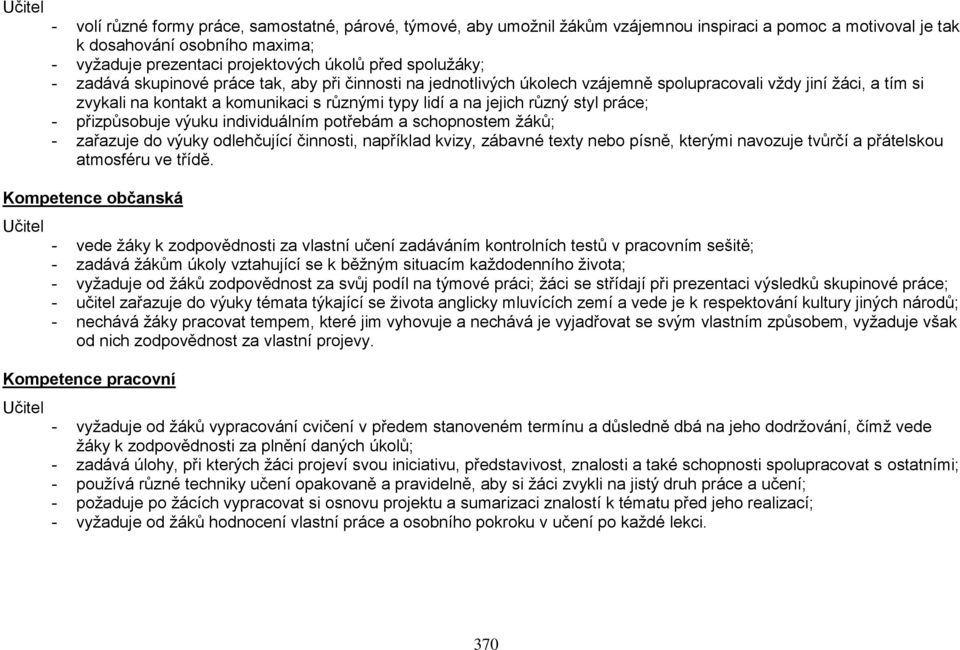 různý styl práce; - přizpůsobuje výuku individuálním potřebám a schopnostem žáků; - zařazuje do výuky odlehčující činnosti, například kvizy, zábavné texty nebo písně, kterými navozuje tvůrčí a